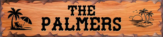 A rustic wooden sign with the words 'THE PALMERS' in large black letters, decorated with black palm tree illustrations on both sides against a warm wood-grain background.